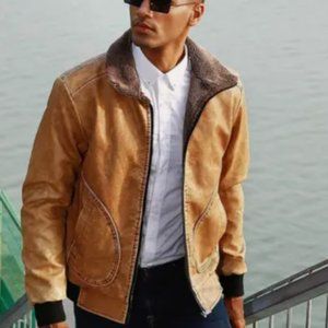 Hood Crew Men’s Black Brown Lapel Thick Warm Pu Faux Leather Zip-Up Jacket Sz M